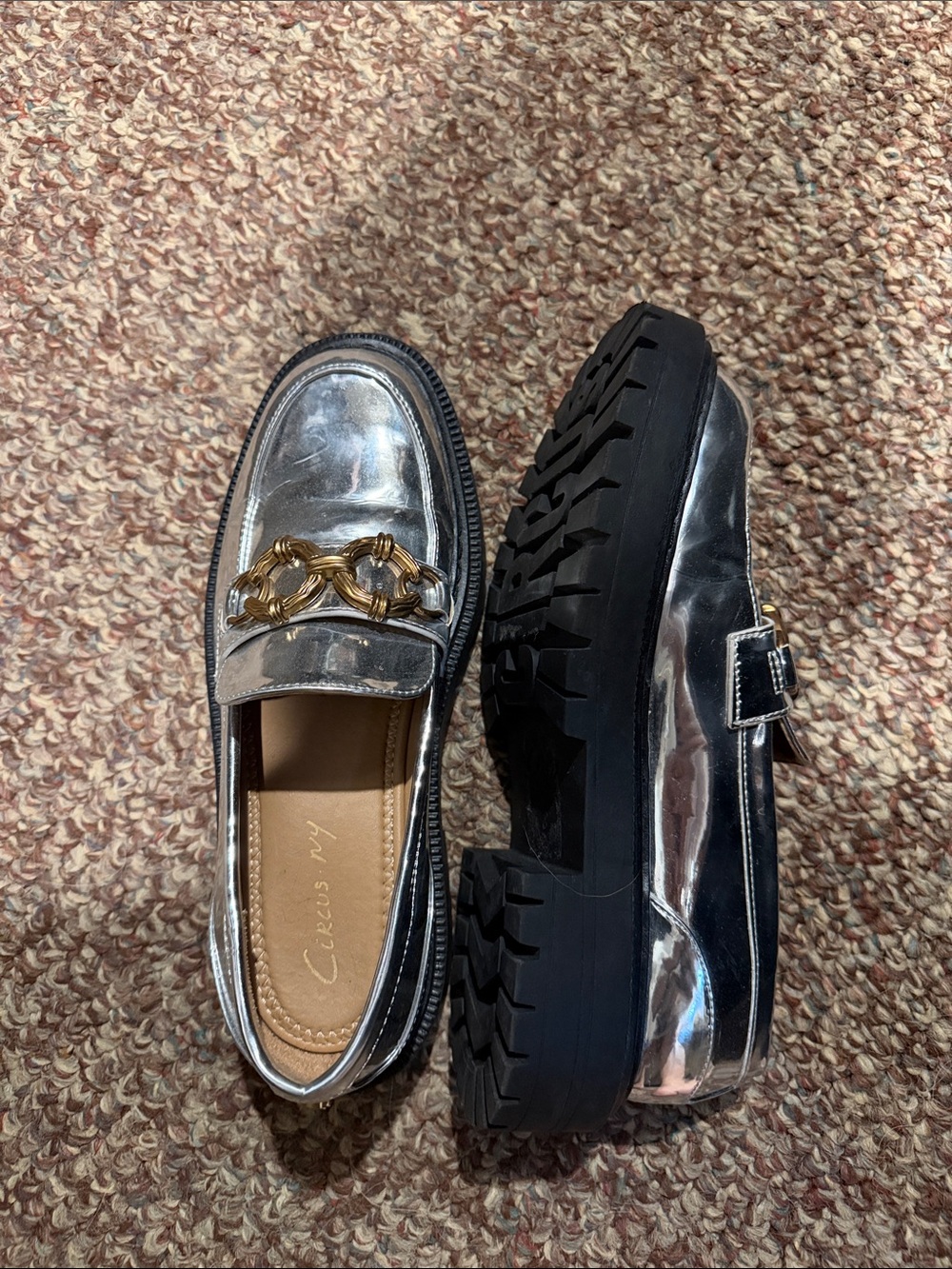 Sam Edelman Silver Metallic Loafers with Gold Chain Accent - Women's